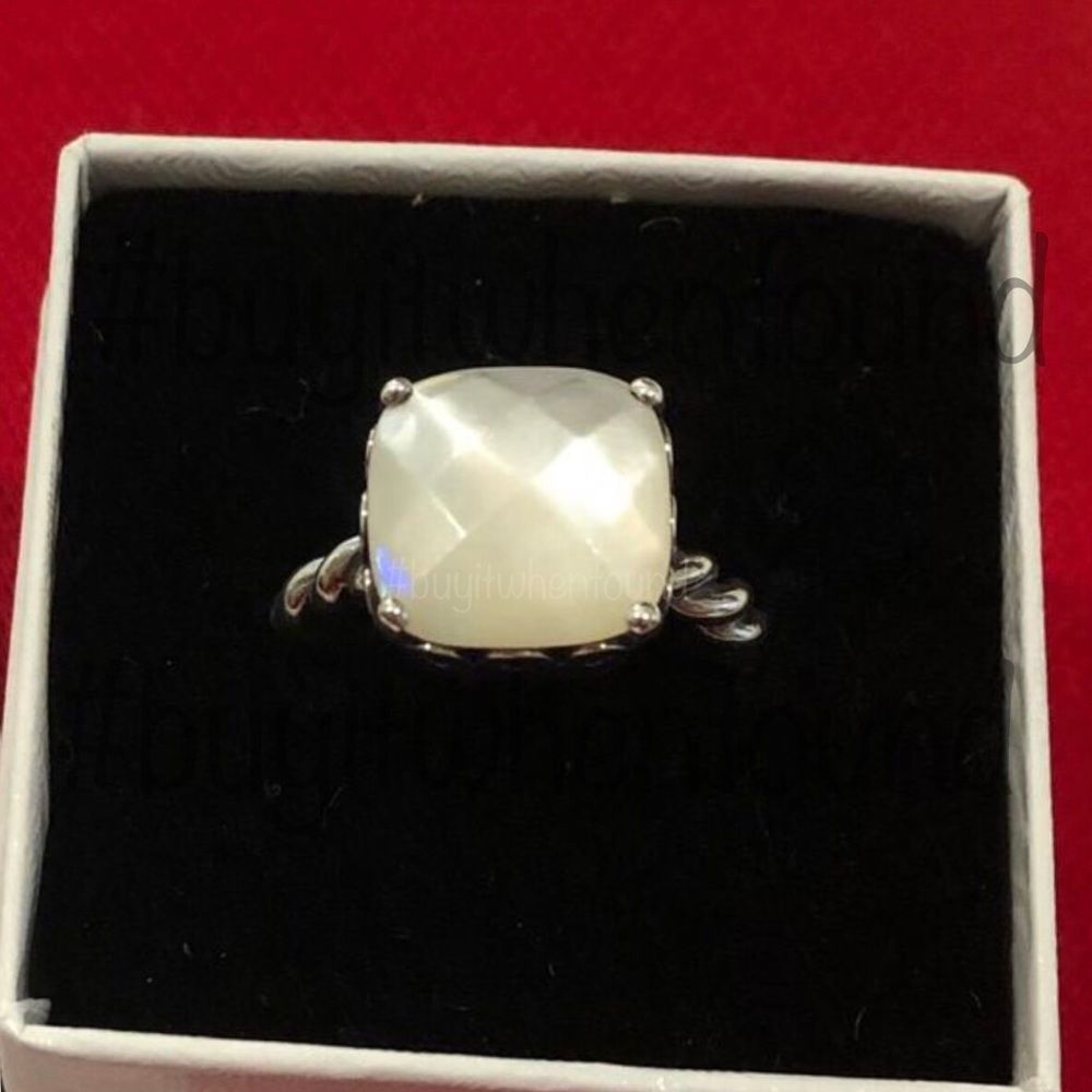PANDORA Cushion Cut Mother Of Pearl Sterling Silver Twisted Band Ring 54, 7